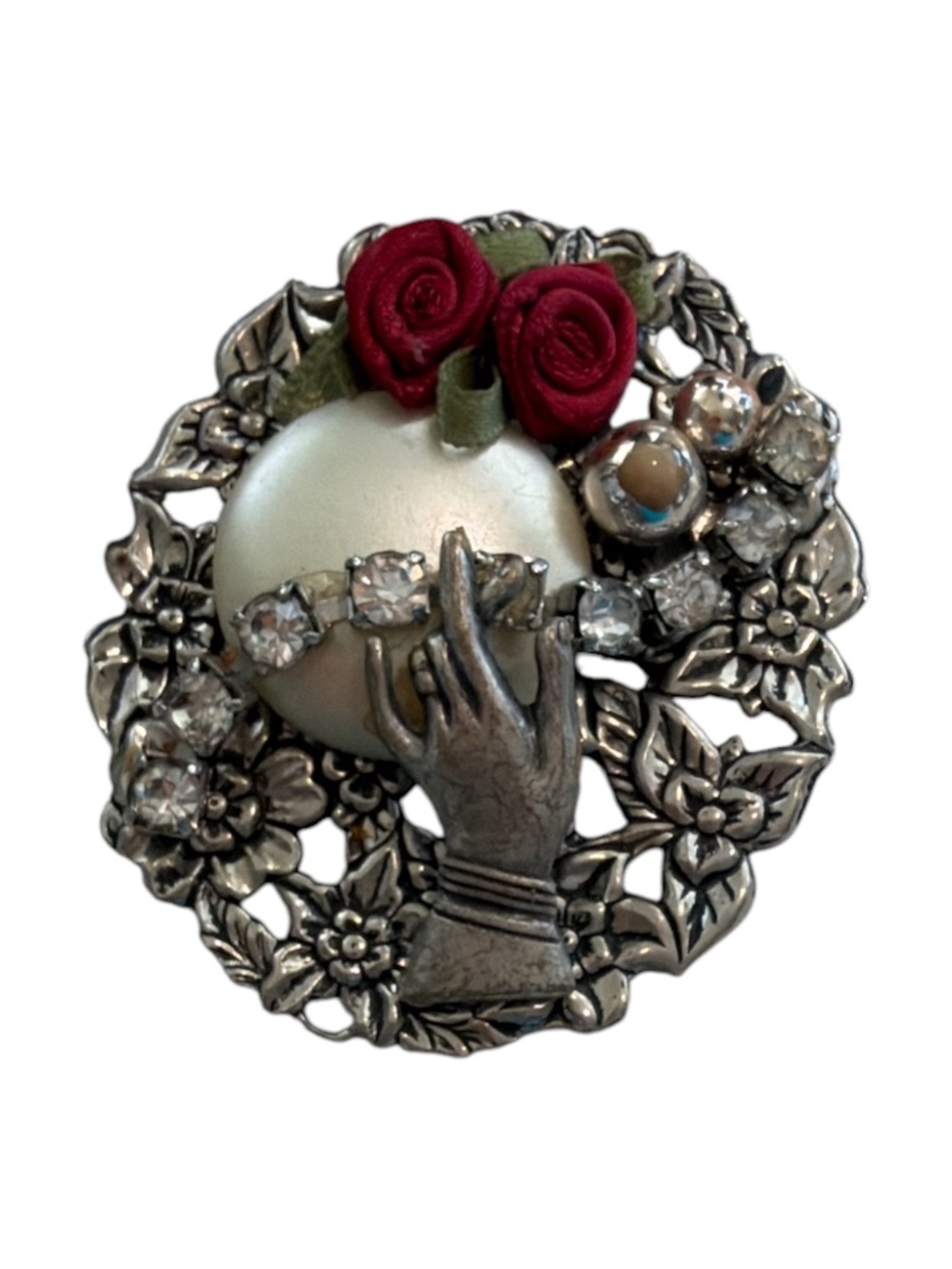 Vintage Floral Hand Brooch with Pearl and Rose Accents